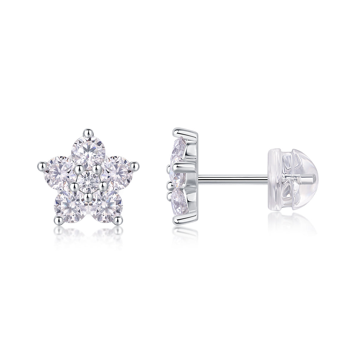 S925 Sterling Silver Flower Stud Earrings, D-VVS1 Moissanite Cluster, 1.4g Lightweight With Silicone Backs, Gift Box