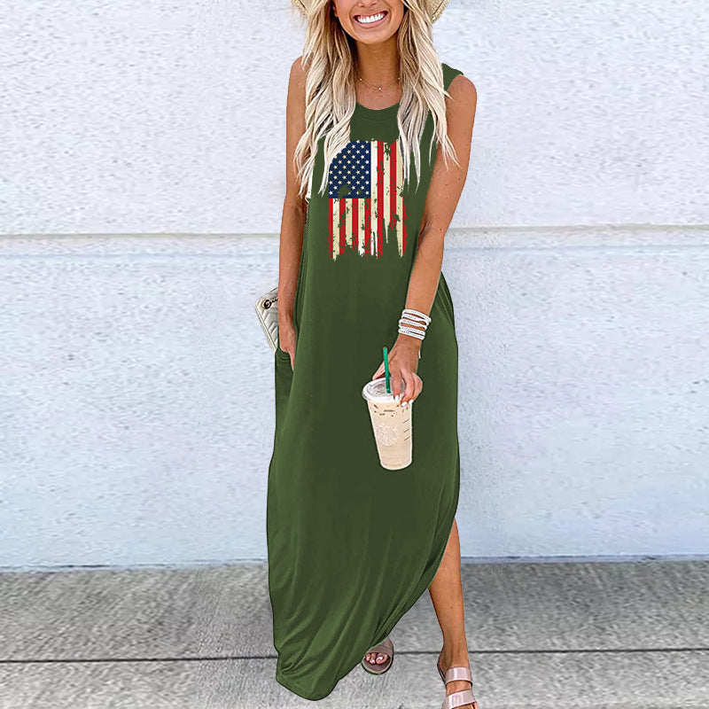European And American-style Fashionable Sleeveless Pocketed Dress For Women