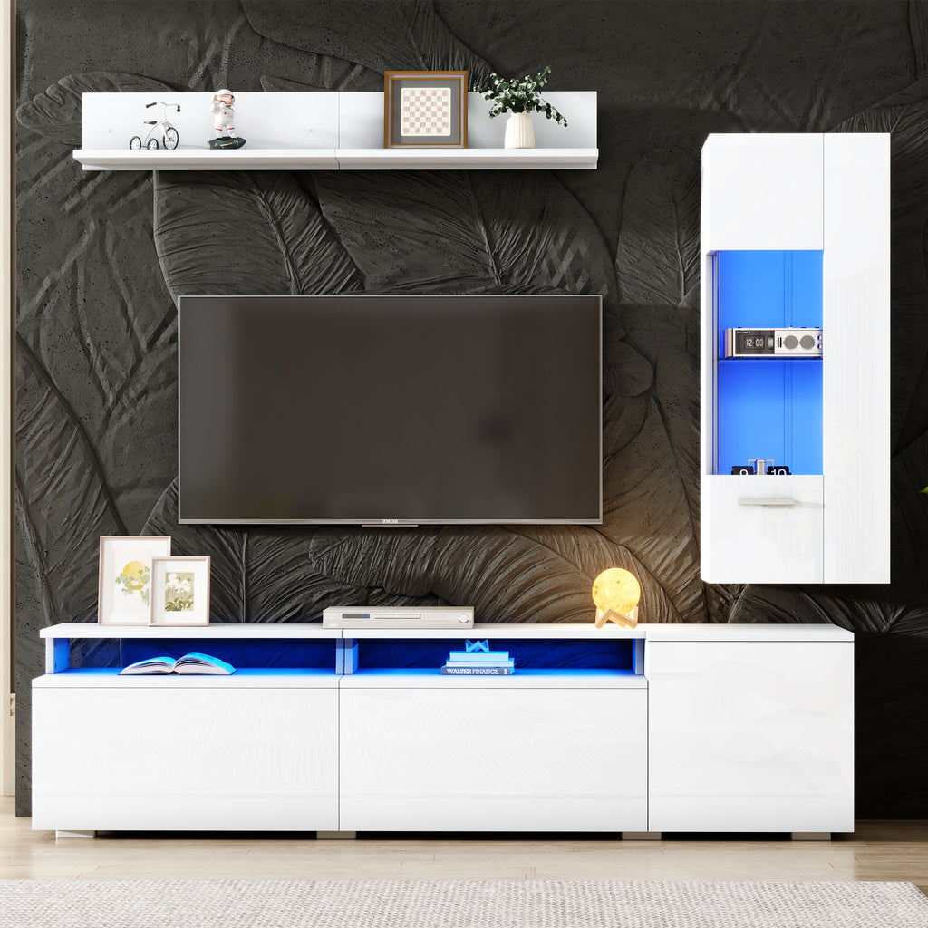 TV Wall Unit Set 3-Piece LED Lighting High Gloss Living Room Furniture Set Frontal Wall Unit 1 X TV Cabinet, 1 X Living Room Display Cabinet, 1 X Hanging Shelf, TV Up To 80' White
