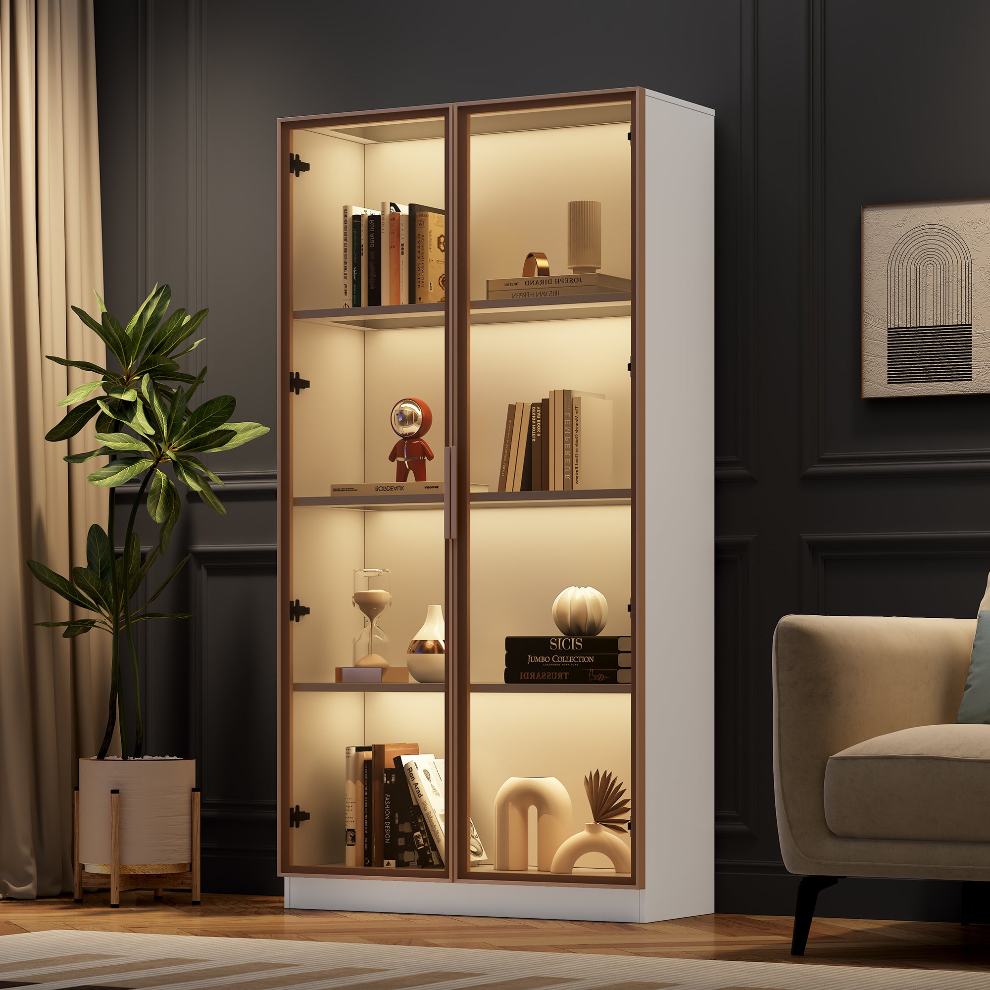 Glass Display Case With LED Lighting, Double Door Display Case With Movable Shelves, 80x40x160cm, Tall Cabinet For Living Room, Stand Display Cabinet, Bathroom Cabinet