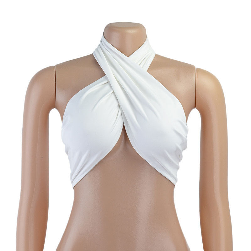 Solid-color Halter Top With A Plunging Neckline And Backless Design