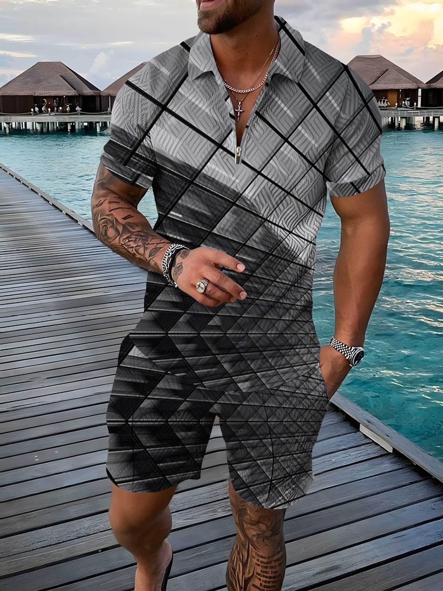 Fashion Zipper Polo Shirt Suit Men's Casual 3D Printed Polo Shirt Shorts
