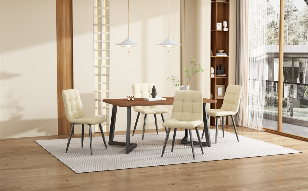 5-Piece Dining Set Table And 4 Chairs, Modern Kitchen Table Set, Kitchen Table With Wood-Grain Finish And Black Metal Legs, Walnut-Colored MDF Tabletop, Beige Velvet Dining Chairs