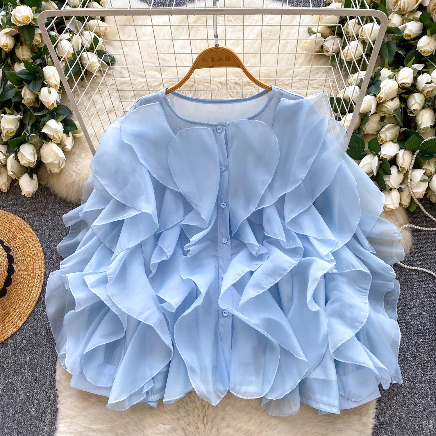 Womens Solid-color Round-neck Irregular Ruffled-edge Button-up Blouse