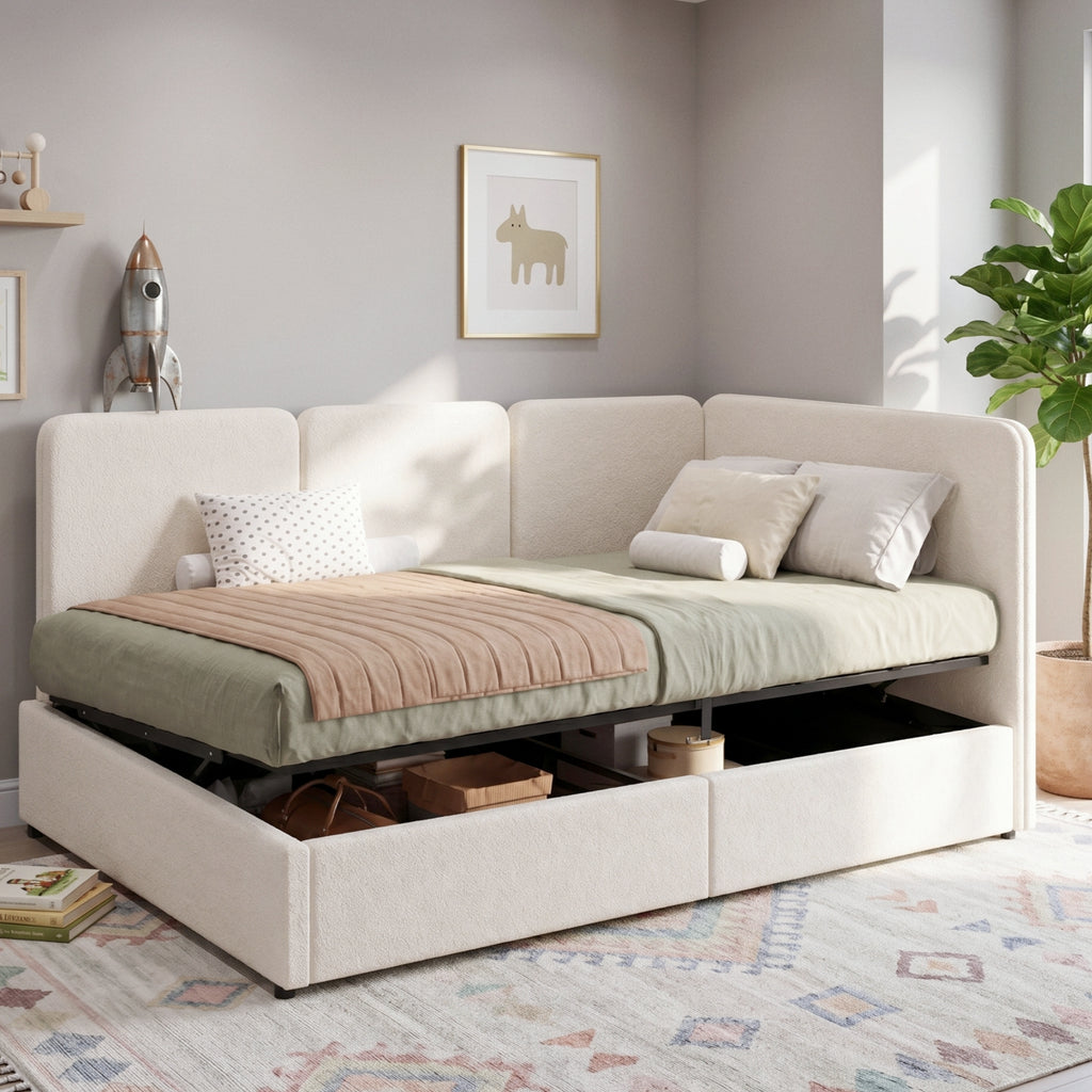 3FT Single Ottoman Daybed With Storage, 90 X 190 Cm Upholstered Daybed, Reversible Left Or Right Chaise Design, Hydraulic Lift Storage Bed Frame, Boucle, Beige