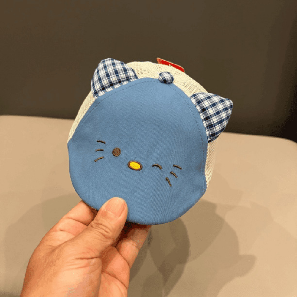 Children's Net Fabric Stitched Three-dimensional Cat Ears Cat Expression Embroidery Front Hat - Cute And Playful Style Baby Sun Hat