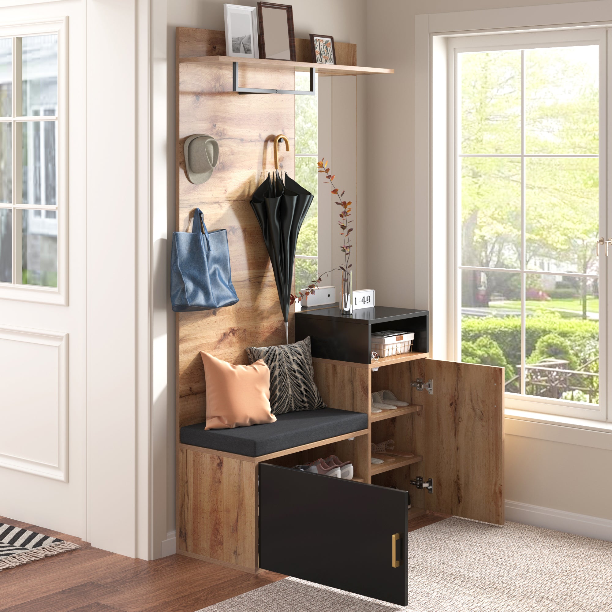 Wardrobe Set With 4 Coat Hooks, Mirror, Shoe Cabinet, Wall-mounted Coat Rack, Top Shelf, Hallway Bench. Not A One-piece Product Requires Drilling And Punching Holes In The Wall.