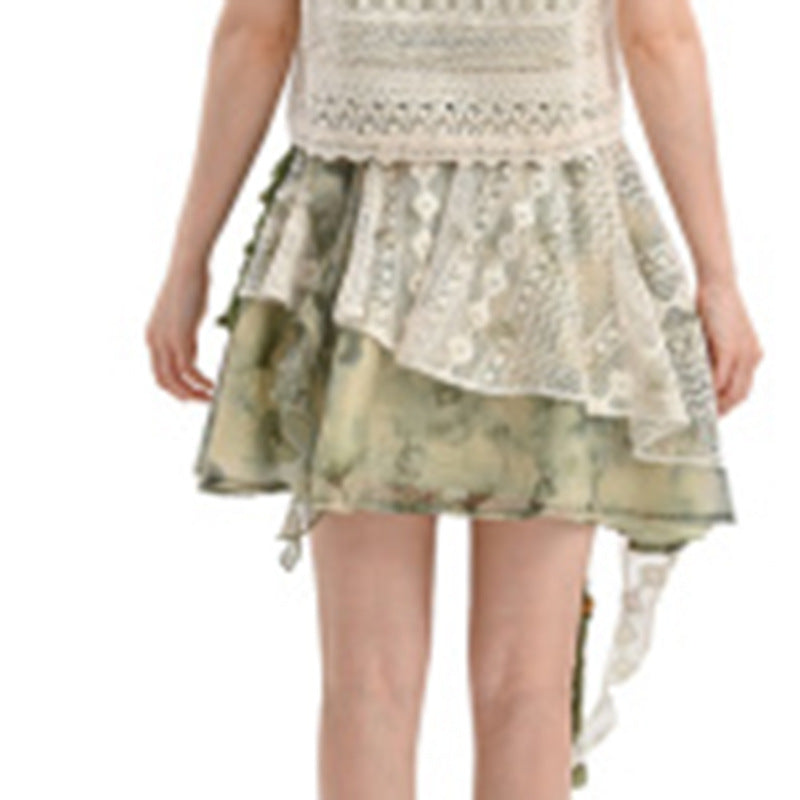 Summer New Irregular Sweet Tie-Dye Print Lace-Patchwork Skirt