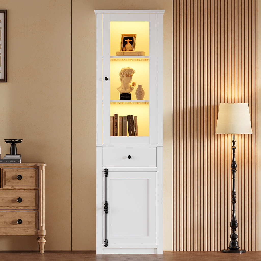 55X40X200cm Tall Cabinet,Display Case With One Drawer,Standing Display Case With 2 Cabinet Doors, Glass Display Case With LED,White,With Metal And Aluminum Alloy Handles