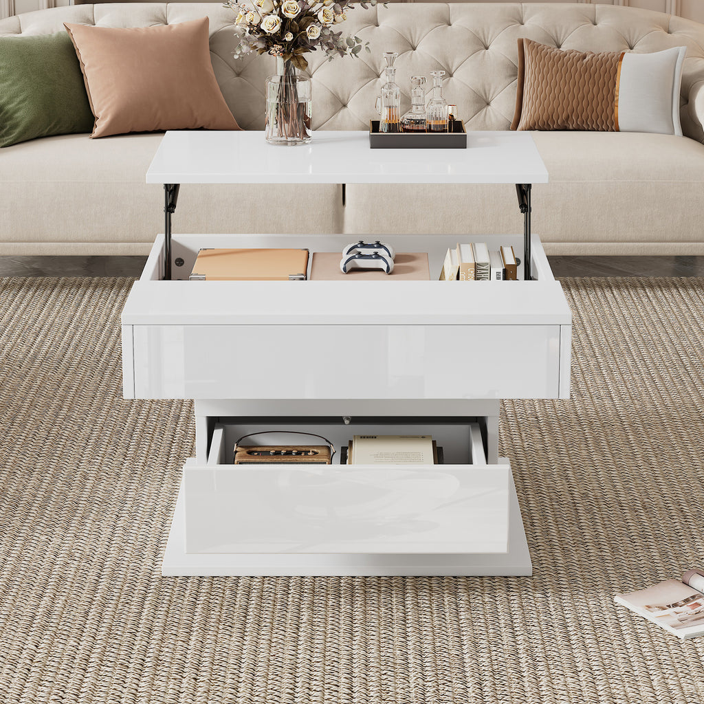 70X70X45cm Geometric Coffee Table, Top Table Top 360degree Free Swivel, Liftable Coffee Table With 1 Drawer, High Gloss Living Room Table With Hidden Storage, Sofa Table, Side Table, White