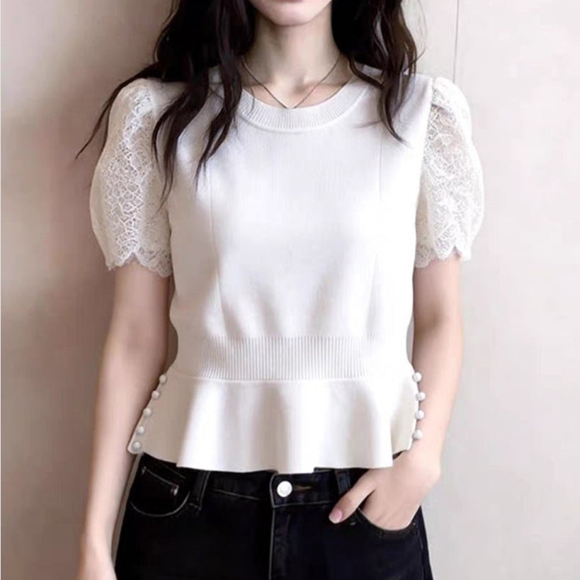 Fashionable And Elegant Patchwork Lace Short-sleeve Knit Top