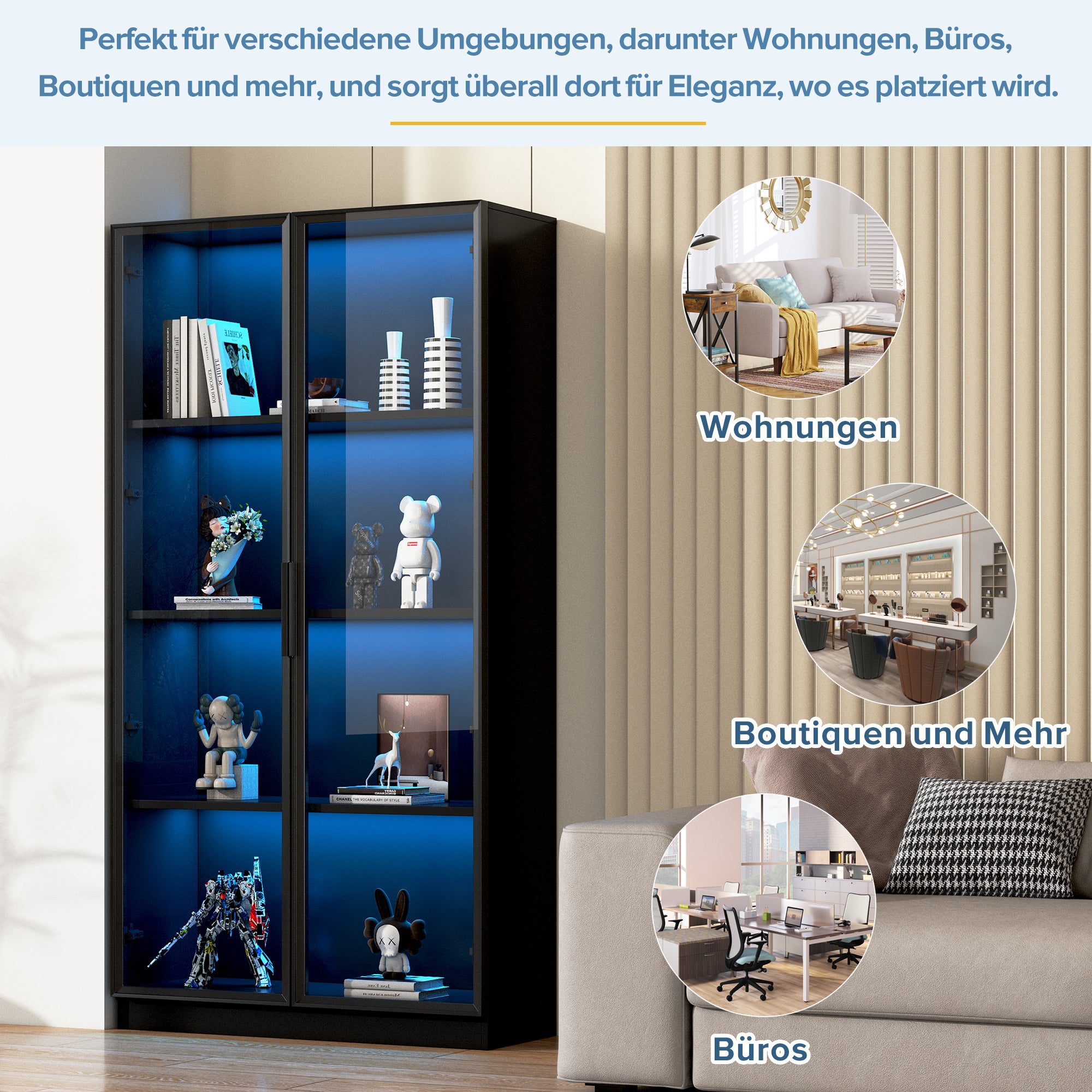 Glass Display Case With APP LED Lighting, Double Door Display Case With Movable Shelves, 80X40X160cm, Tall Cabinet For Living Room, Stand Display Cabinet, Bathroom Cabinet