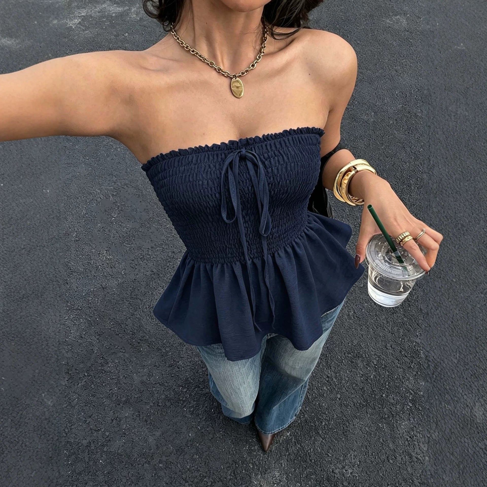 Womens Waist-cinching Ruffled-hem Strapless Resort-style Tank Top
