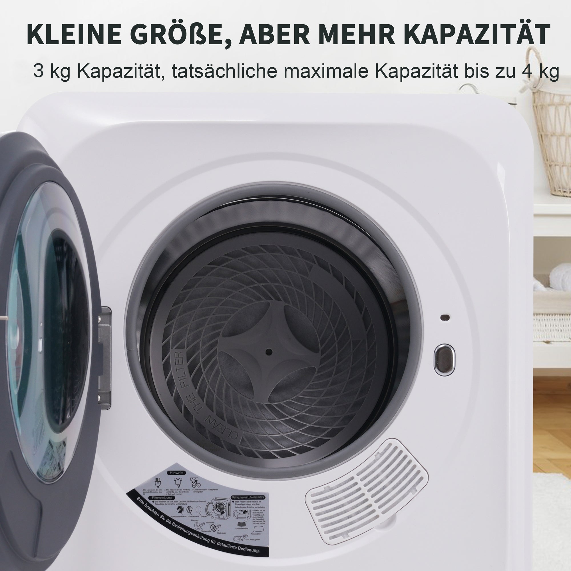 Abgastrockner, Edelstahltrockner, 3 Kg, Tatsachlich Bis Zu 4 Kg, 850 W, Mehrfachfiltration, 6 Programme, 6 Funktionen. Uberhitzungsschutz, Wandmontage Energieklasse G