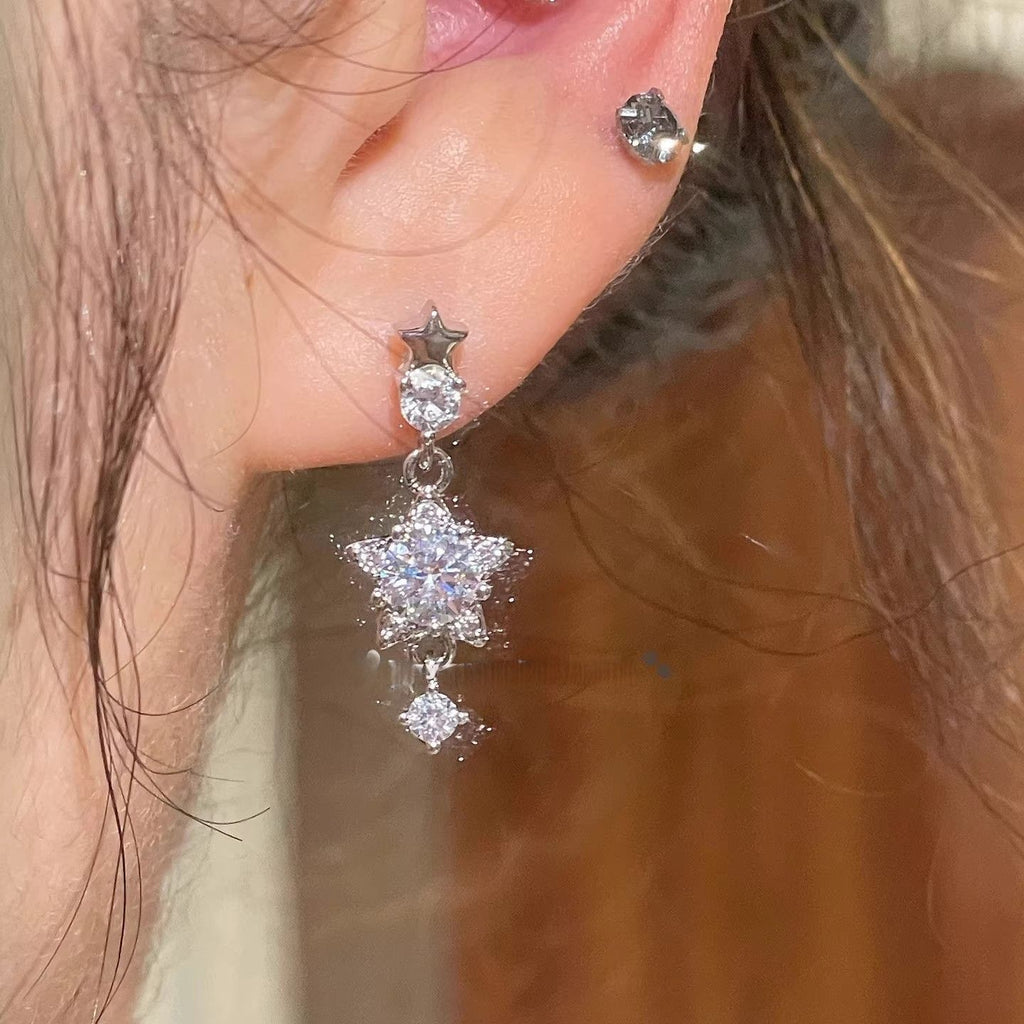 Super Sparkling Five-pointed Star Zircon Pendant Titanium Steel Stud Earrings, Exquisite Star Cartilage Studs Dangle Earrings For Women