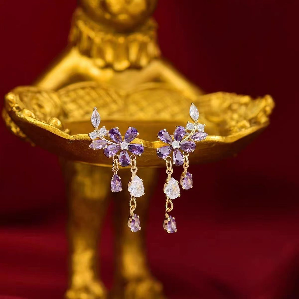 French Romantic Purple Petal Tassel Earrings, Crystal Teardrop Floral Leaf Design, Niche Light Luxury Elegant Dangle Ear Jewelry For Women