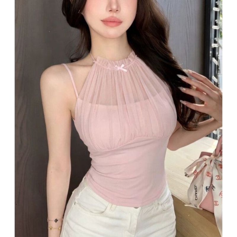 Mesh-Panel Halter Vest Camisole Womens Summer Sleeveless Top