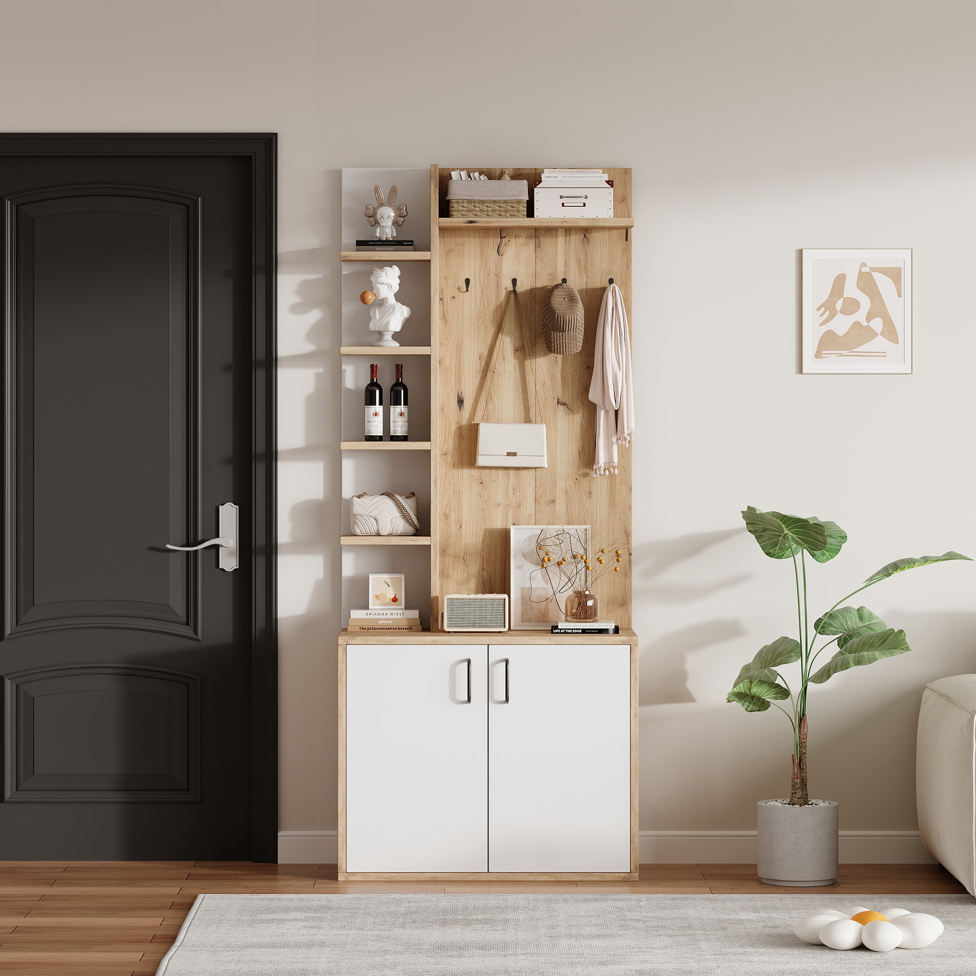75x33x180cm Coat Rack With Coat Rack, Shoe Storage, Hallway Equipment With Coat Hooks, Hallway Cabinet With 5-layer Storage Space Divider And Storage Cabinets, Original Wood Color  White