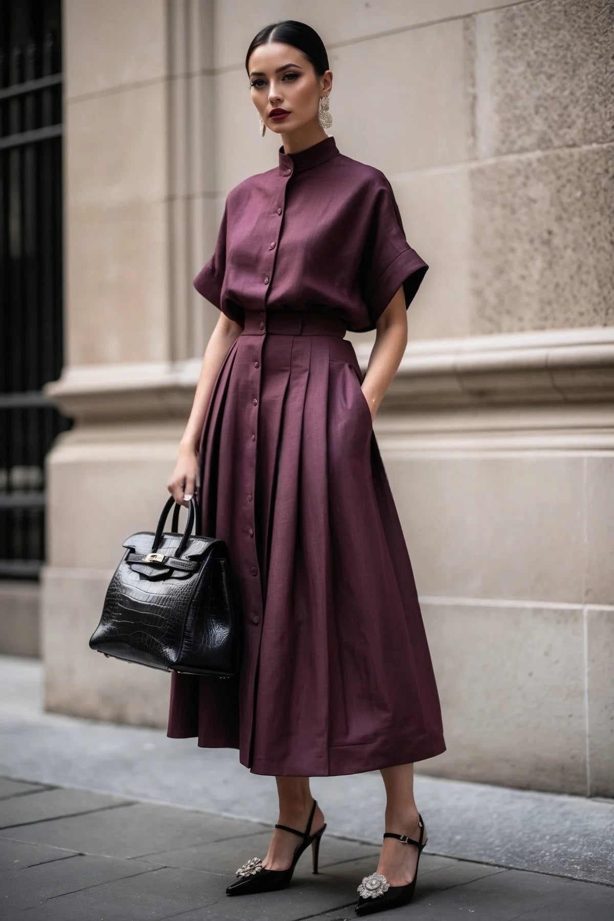 Solid-color Short-sleeve Turtleneck Top With Pleated Long Skirt