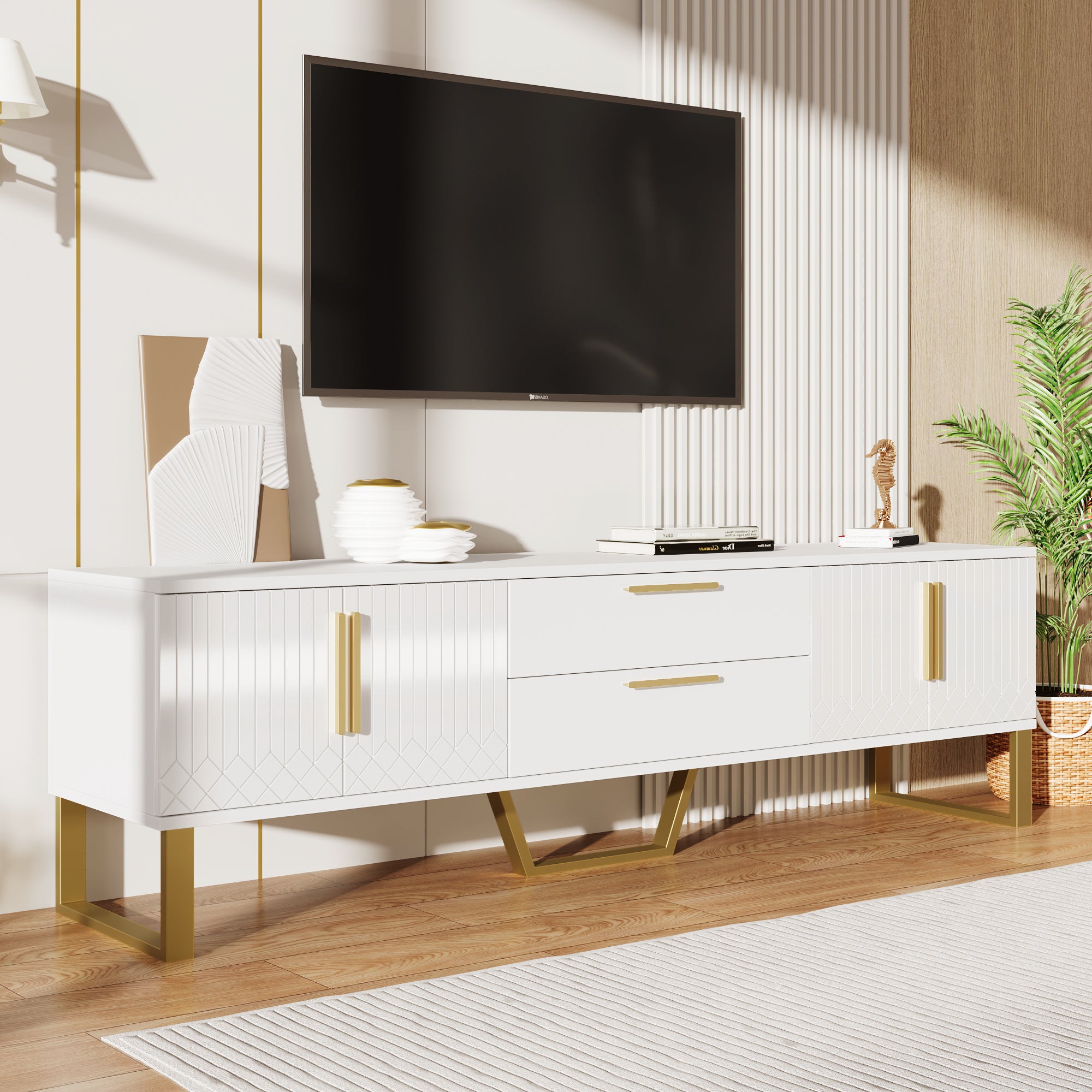 High-Gloss TV Stand Floor-Standing, Gold Handles And Legs, Door With Engraved Texture, Living Room Storage Solution A Perfect Blend Of Elegance, Luxury, And Functionality