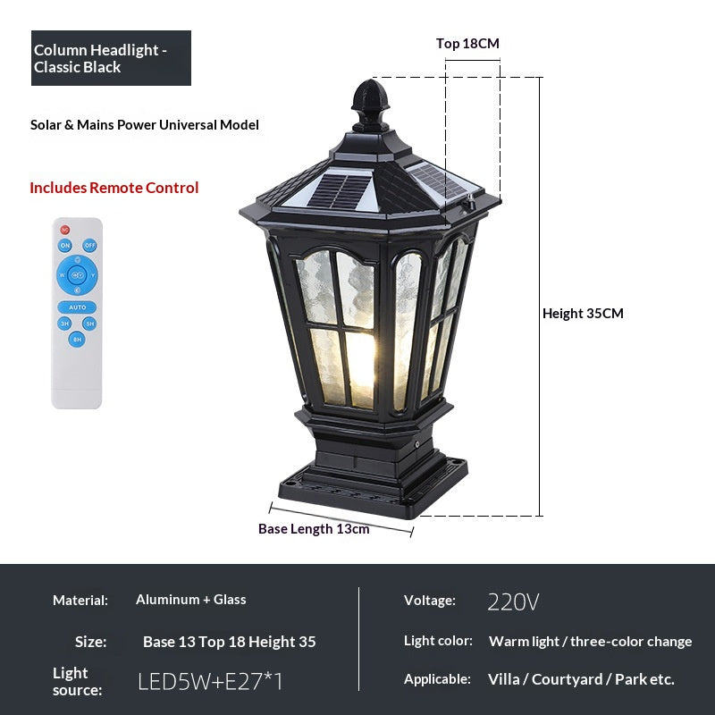 Pillar-top Solar-powered Outdoor Waterproof Lamp For Courtyards