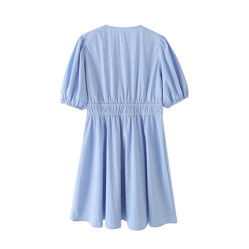 Bow-tie Deep V-neck High-waisted Lantern-sleeve Short A-line Dress