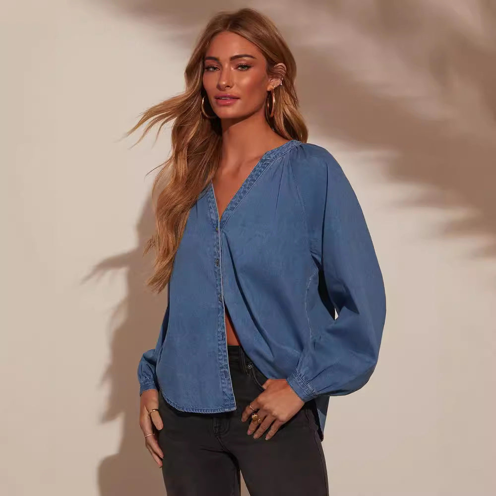 Loose-fit V-neck Washed Denim Long-sleeve Top