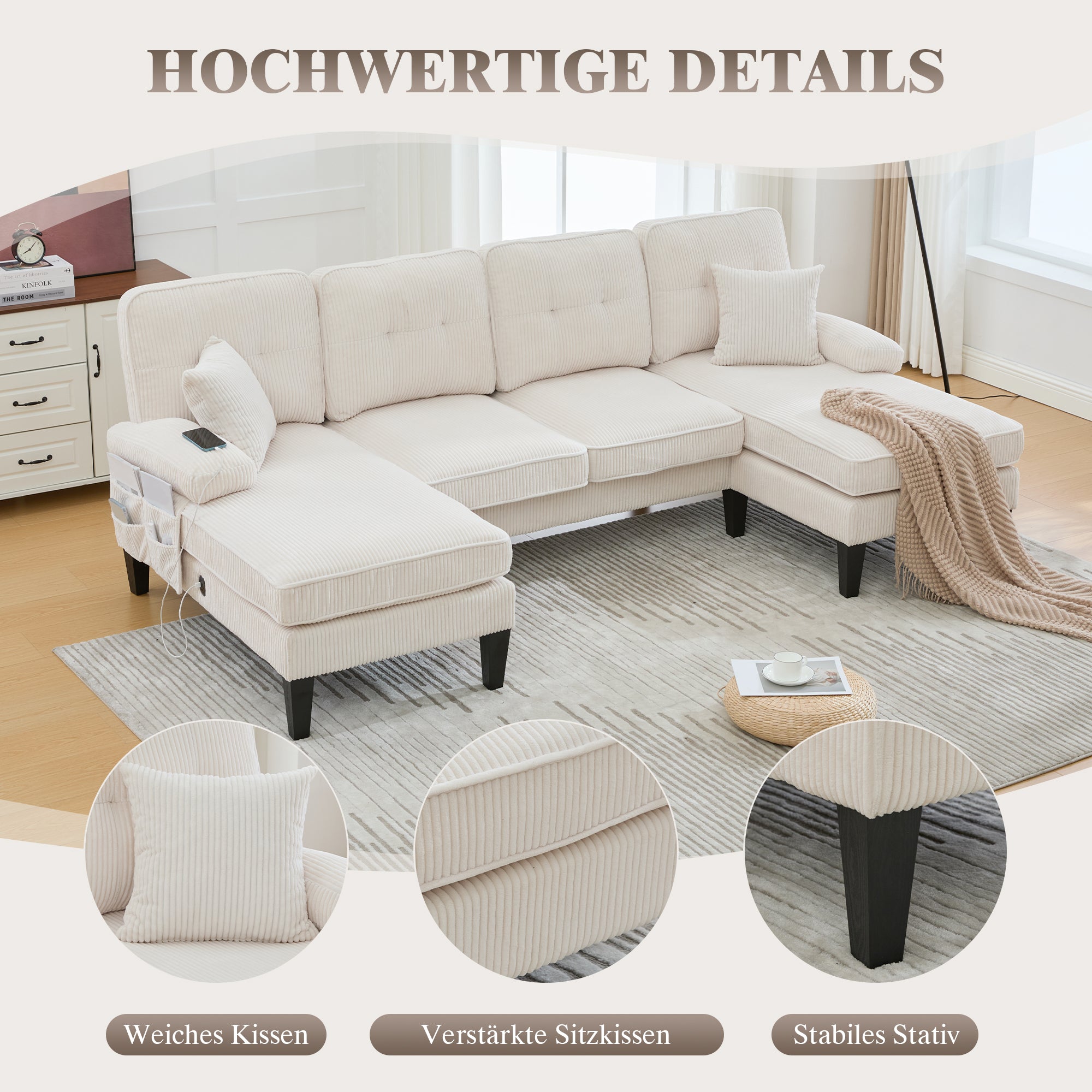 Modern 4-seater U-sofa With Double Chaise Longue  Made Of Soft Corduroy Fabric, With Comfortable Upholstery, Modern Backrest And Robust Construction. Perfect For Any Living Room Concept.Beige