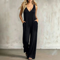 Simple V-neck Pocket Solid-color Hooded Jumpsuit