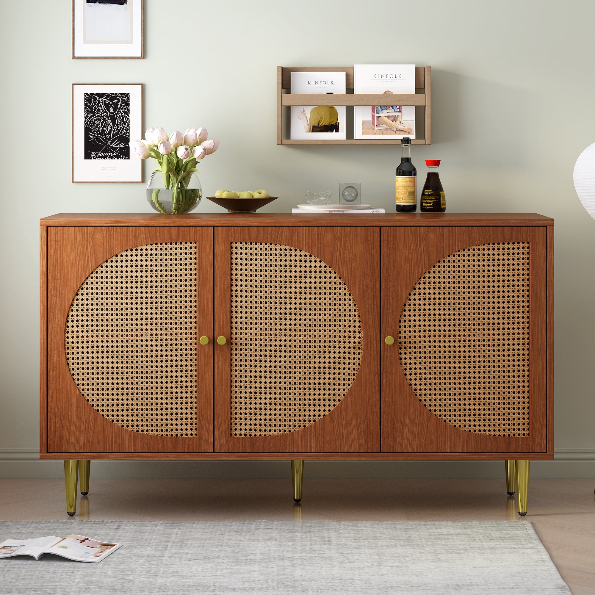 Sideboard With 3 Rattan Decorated Doors Chest Of Drawers Highboard With Metal Handles, For Bedroom & Living Rooms & Office, Walnut 129.8x 40x 76cm