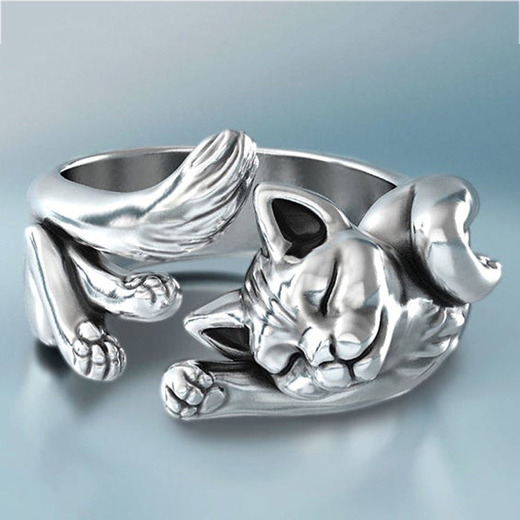 Zhenrong New Cute Cat Adjustable Open Ring, European 925 Plated Vintage Thai Silver Black Cat Totem Finger Ring For Women