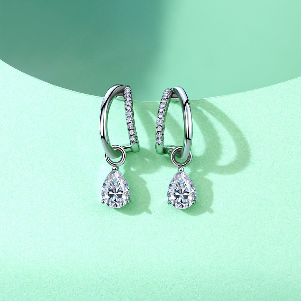 S925 Sterling Silver Double Hoop Drop Earrings, 5x7mm Pear Cut D-VVS1 Moissanite, Platinum Plated 3g Elegant Women's Jewelry Gift Box