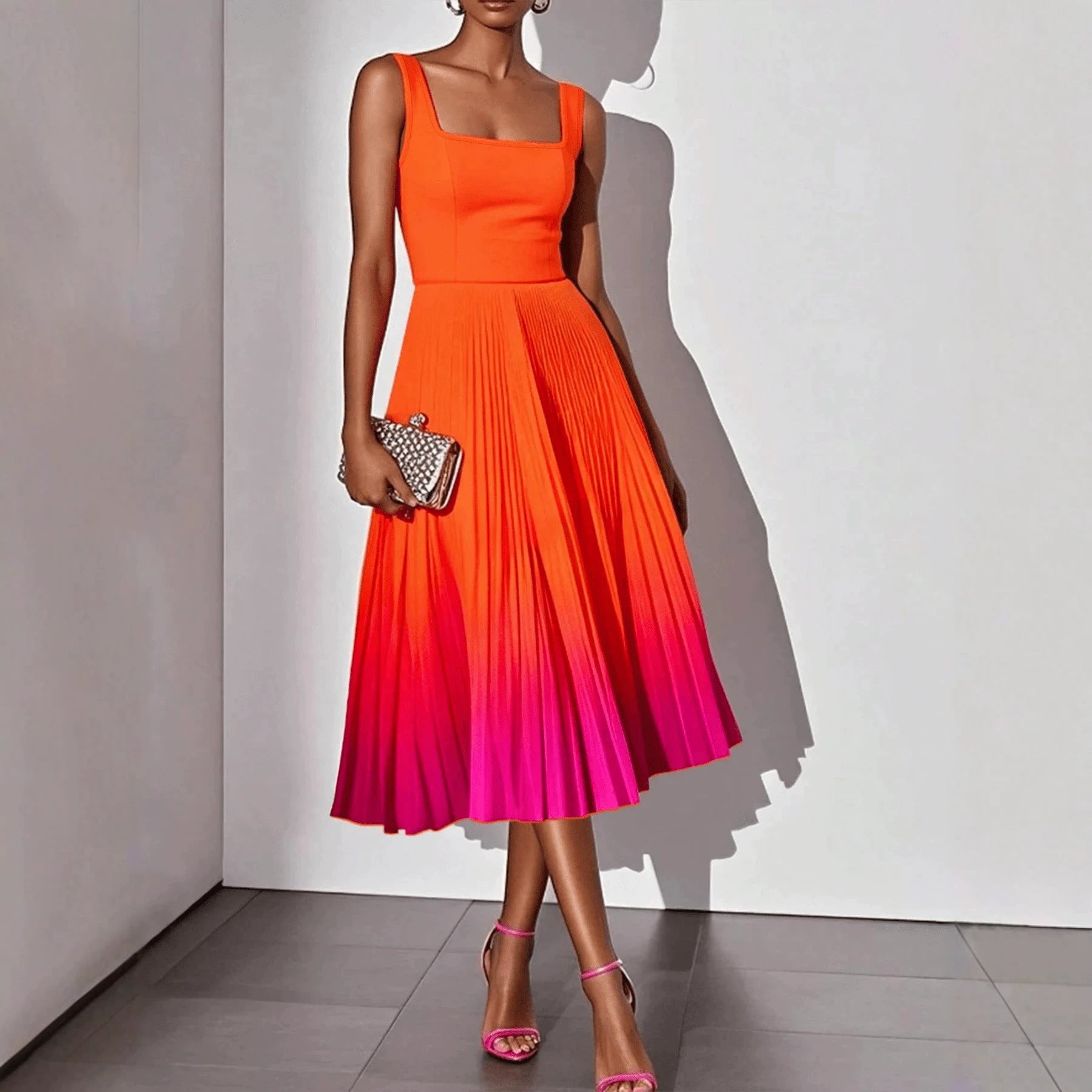 Square-neck Mid-length Dress With Gradient Pleats