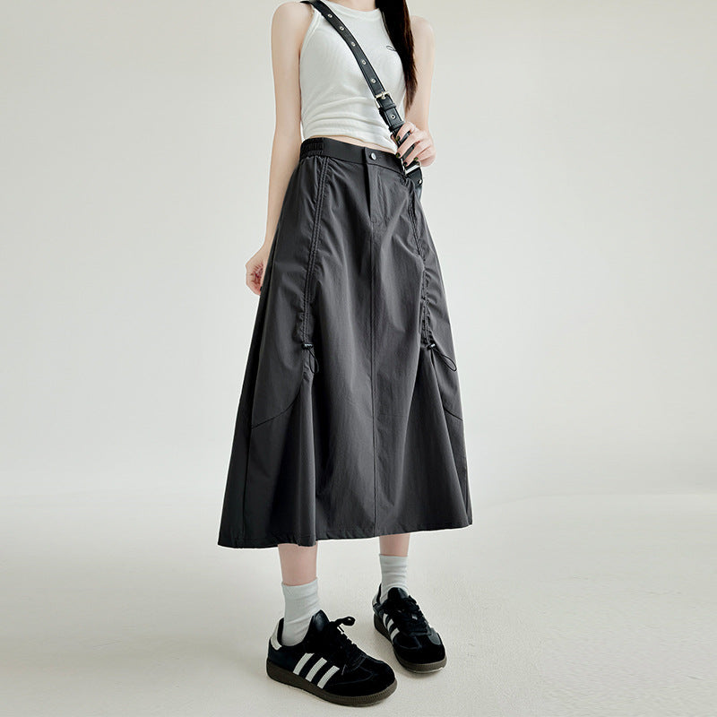 Gray American-style Drawstring Utility Skirt For Women Summer Season
