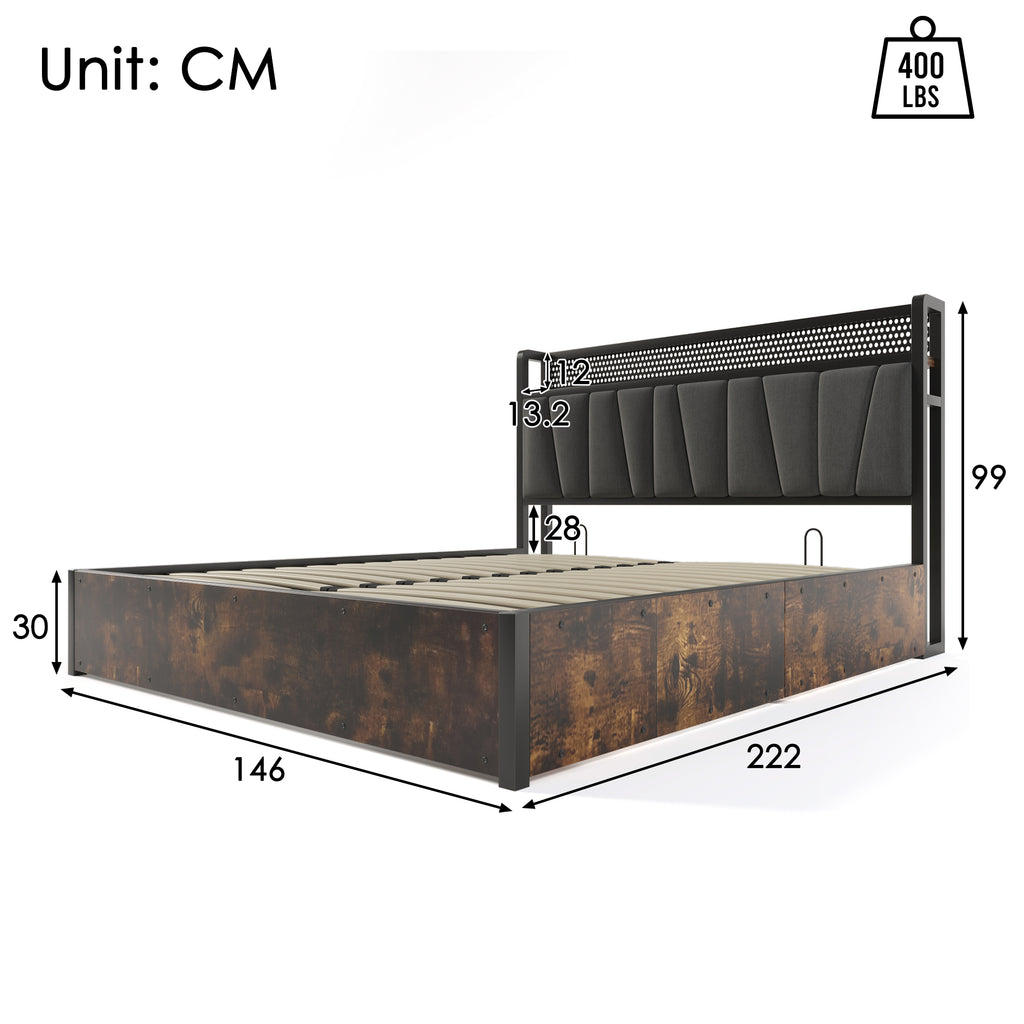 LED App-Control Double Bed With Rechargeable USB Charging Function Headboard And LED Lighting, Metal Bed 140x200cm Latticeroad Made Of Wood, Grey Without Mattress