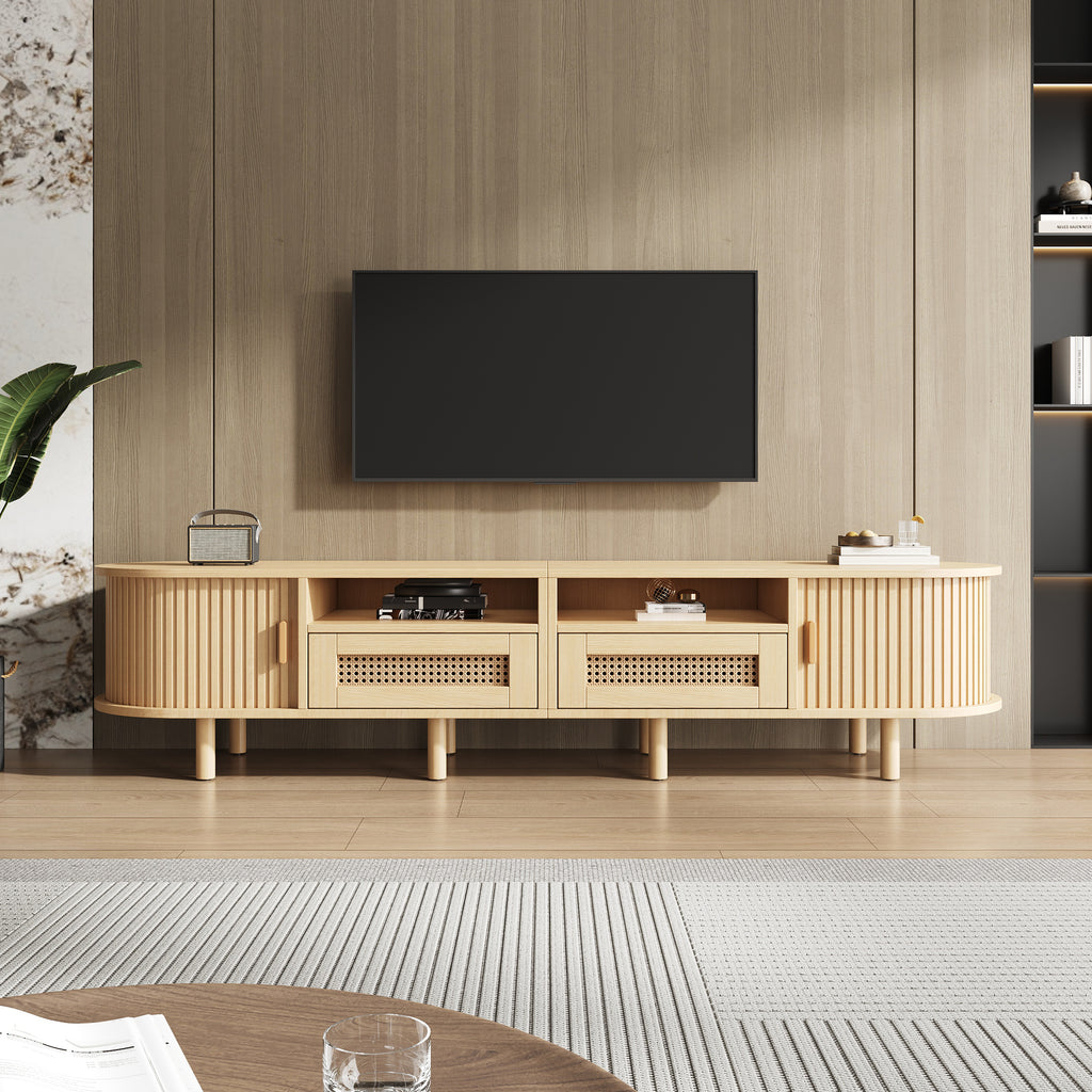 170x40x40cm Oval TV Stand And TV Stand,TV Cabinet With 2 Rattan Design Drawers,2 Sliding Door,Lowboard And TV Stand Up To 70 Inches,TV Board And TV Dresser,Wood Color
