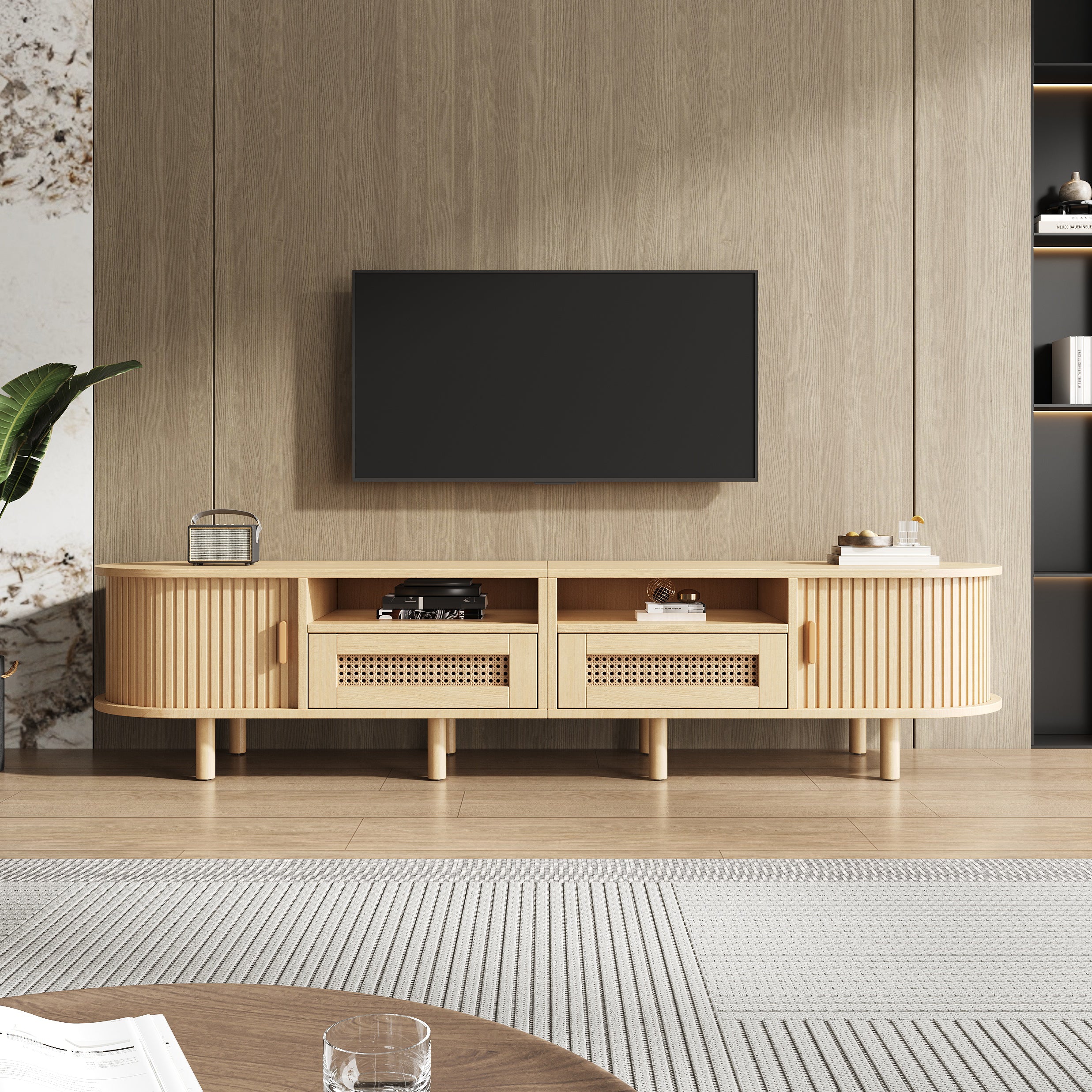 170x40x40cm Oval TV Stand And TV Stand,TV Cabinet With 2 Rattan Design Drawers,2 Sliding Door,Lowboard And TV Stand Up To 70 Inches,TV Board And TV Dresser,Wood Color