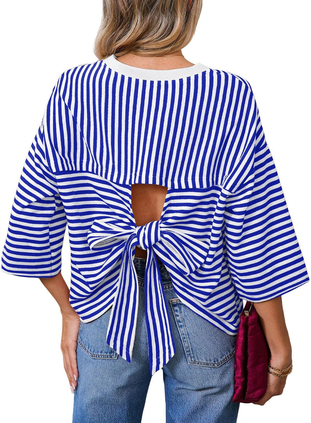 Round-neck Striped Casual Loose-fitting Top With A Back Cutout And Bow Tie Straps