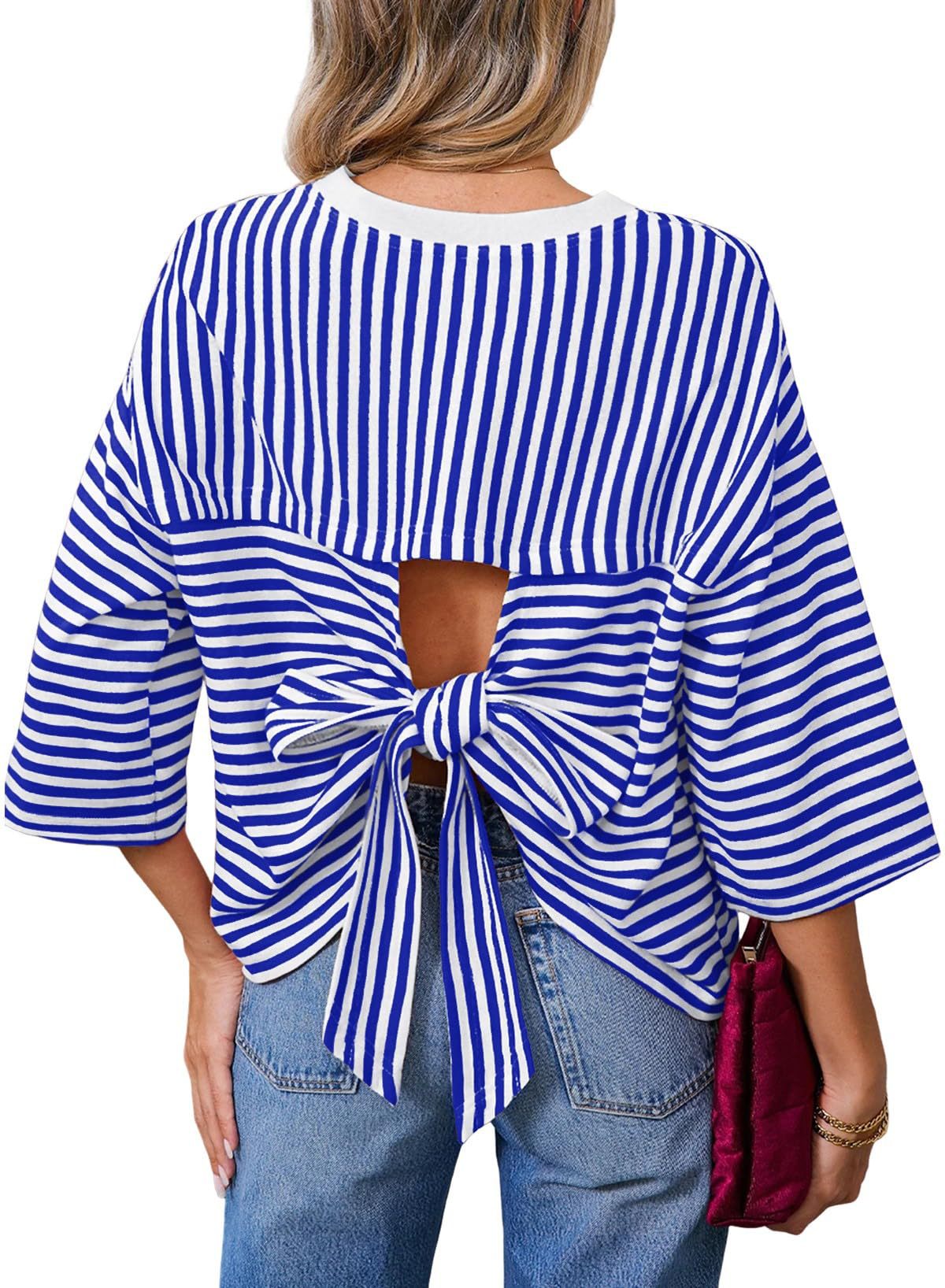 Round-neck Striped Casual Loose-fitting Top With A Back Cutout And Bow Tie Straps