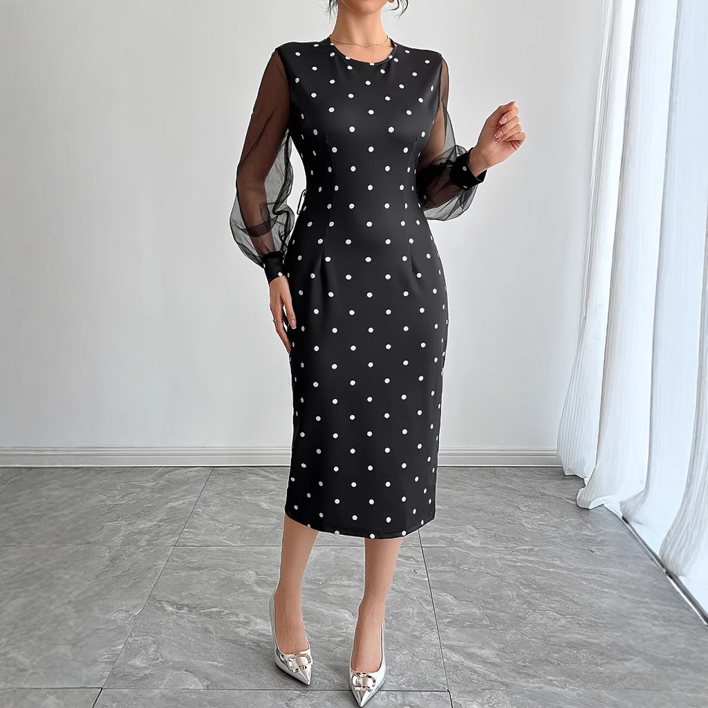 Round-neck Polka-dot Dress With Mesh Sleeves