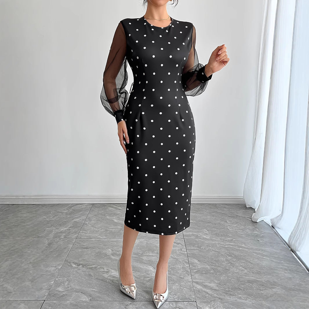 Round-neck Polka-dot Dress With Mesh Sleeves