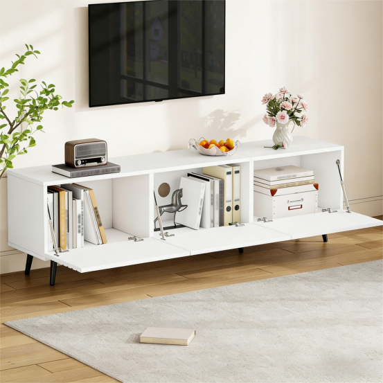 180 X 40 X 48 Cm TV Cabinet With 3 Hinged Doors, Lowboard, TV Stand, Cabinet, Living Room Cabinet, Printed Design, White, Suitable For TVs Around 80 Inches, Large Storage Space, Made Of MDF Material.