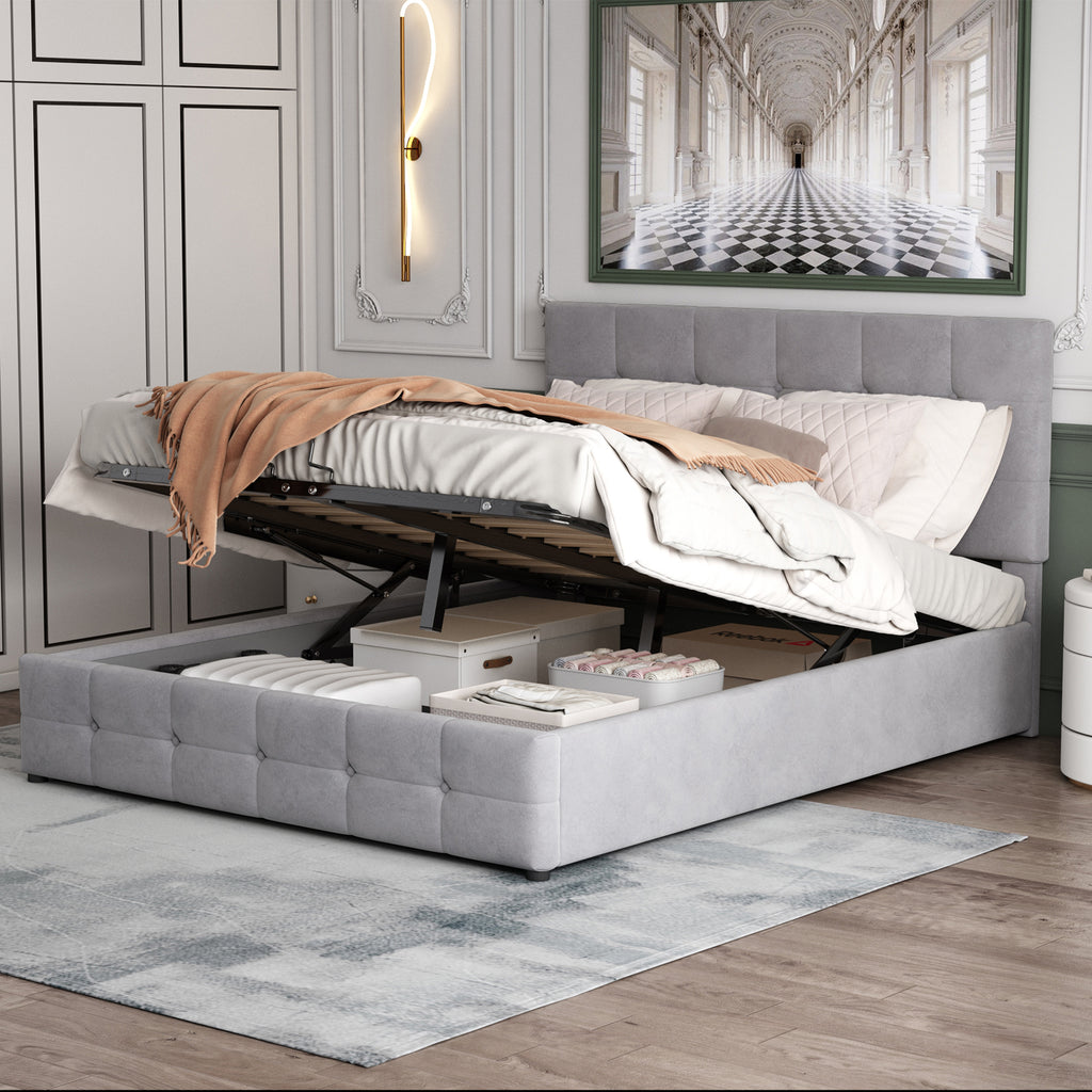 Upholstered Bed 140x200, Double Bed With Hydraulically Liftable Bed Storage Space, Height-adjustable Upholstered Headboard, Metal Slatted Frame, Skin-friendly Velvet Fabric Double Bed Youth Bed