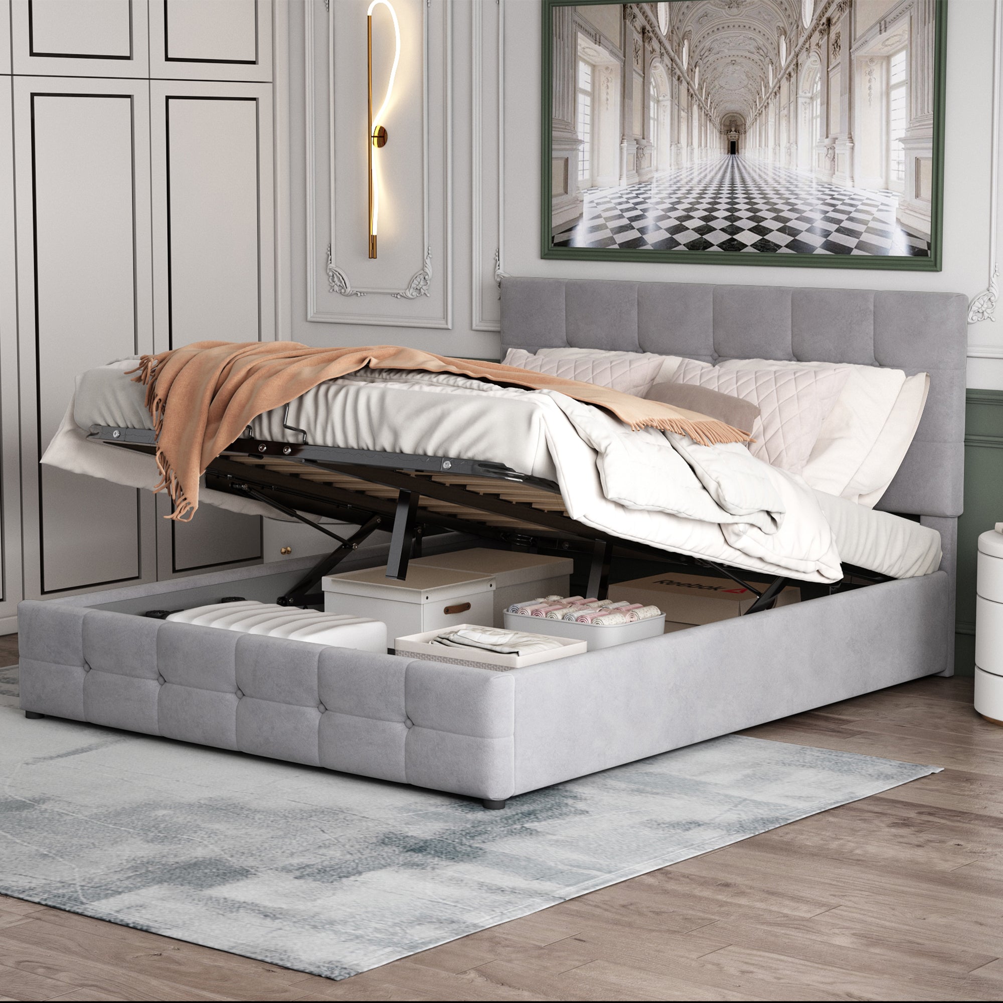 Upholstered Bed 140x200, Double Bed With Hydraulically Liftable Bed Storage Space, Height-adjustable Upholstered Headboard, Metal Slatted Frame, Skin-friendly Velvet Fabric Double Bed Youth Bed