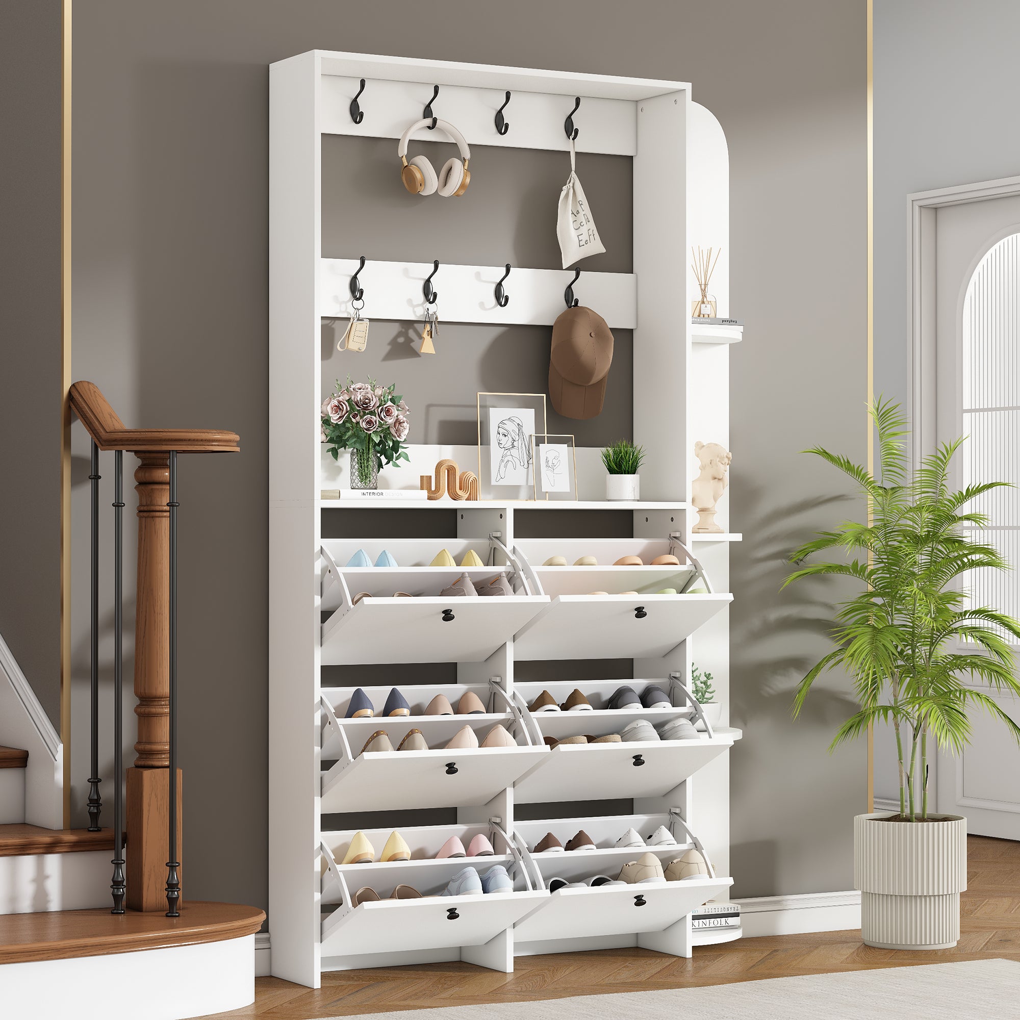 120 X 24 X 200 Cm, Coat Rack For The Entrance Area, 3-in-1 Multifunctional Shoe Cabinet, Hinged Door, 8 Hooks, Compact Coat Rack, Living Room Cabinet With 5 Shelves, White