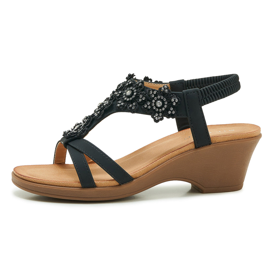 Rhinestone Flower Wedge Sandals