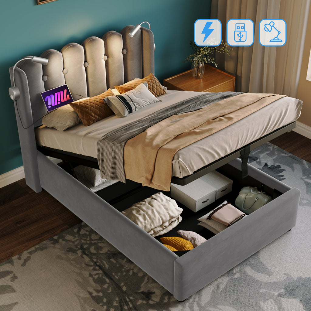 Upholstered Bed Single Bed Reading Light With Charging Headboard Storage Bed Frame Velvet Youth Bed 90x200 With Slatted Frame,Grey Without Mattress