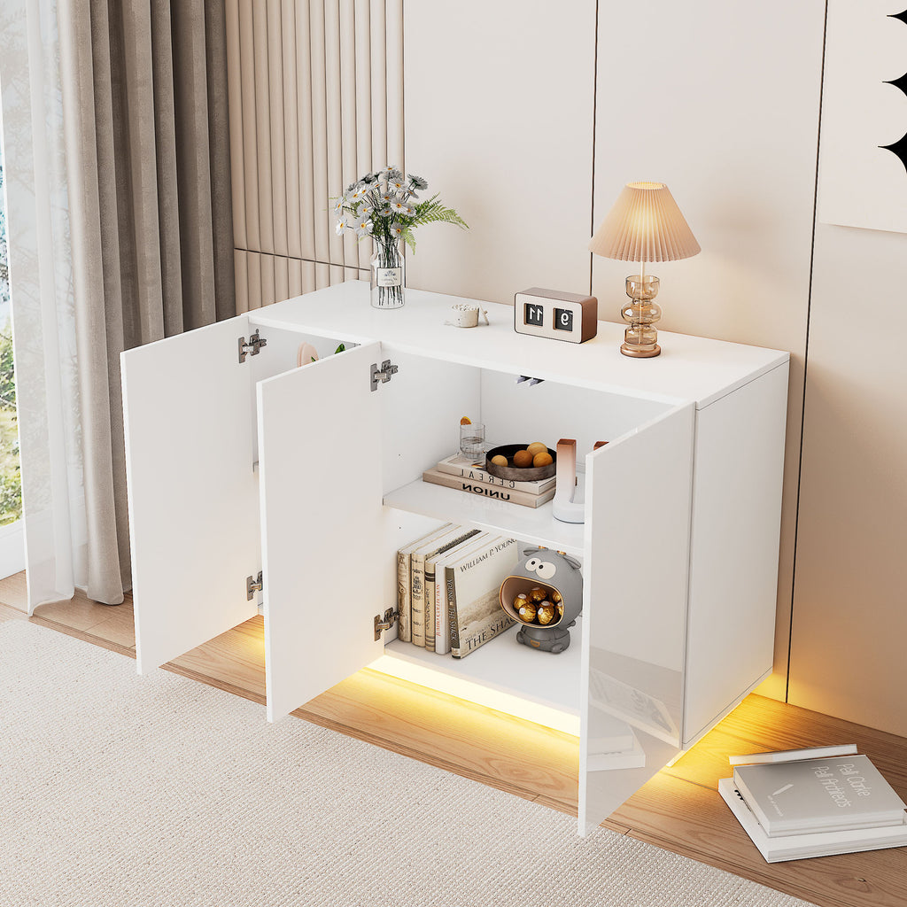 Dining Room Cabinet High Gloss Open And Closed, White Sideboard, Pedestal LED Light, Chest Of Drawers Foyer Cabinet 120x40x75CM