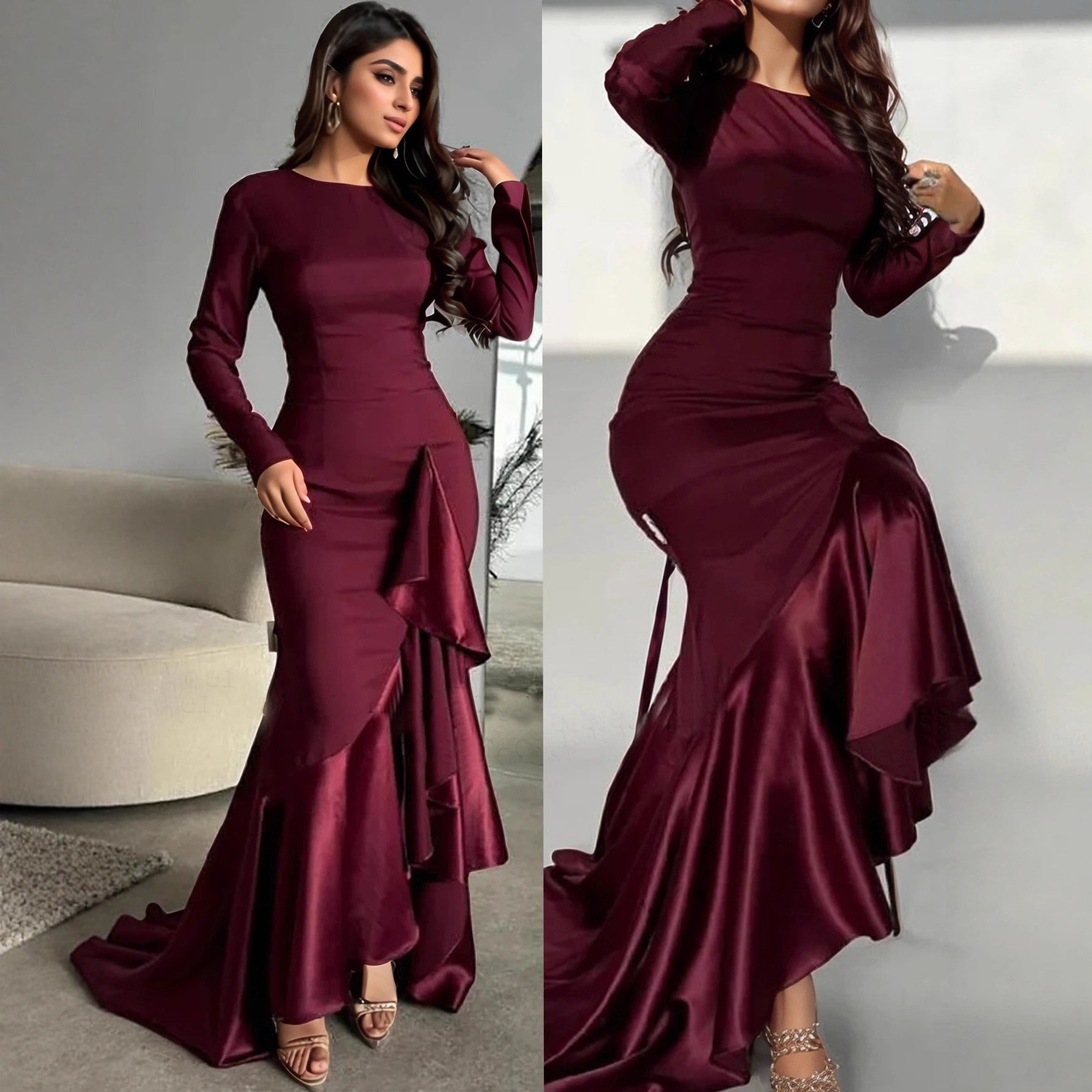 Womens Amazon-style Personality Long-sleeve Fishtail Dress