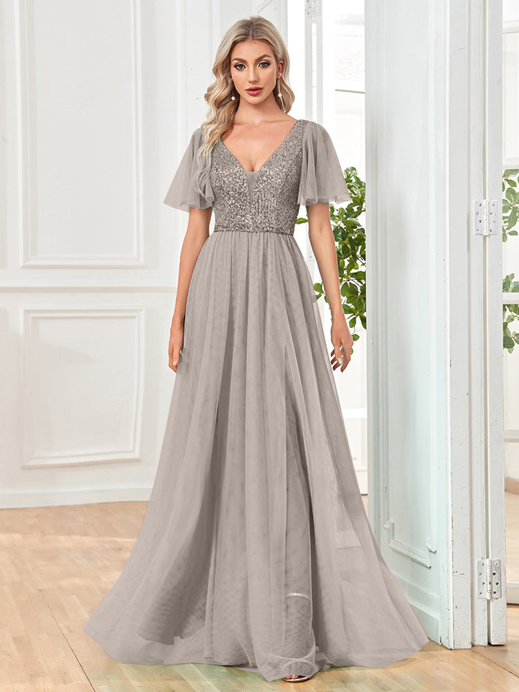Womens Sexy V-neck Short-sleeve Long Dress
